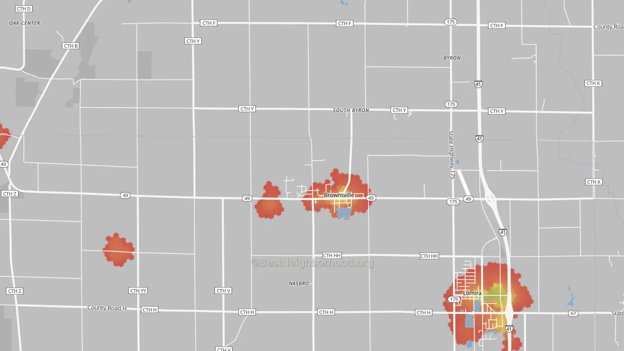 Walk Grade map of 53006, WI, walkable areas in green and car-dependent areas in red