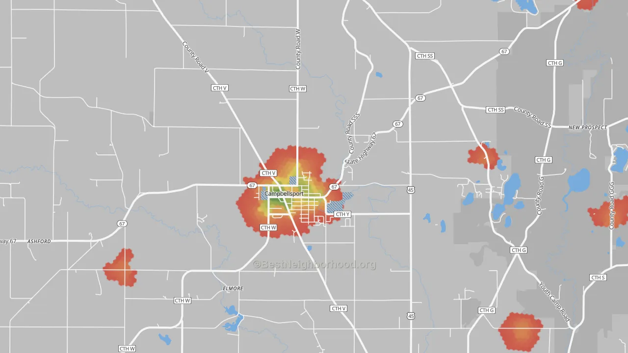 Walk Grade map of 53010, WI, walkable areas in green and car-dependent areas in red