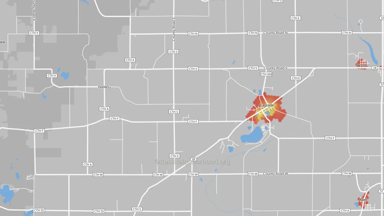 Walk Grade map of 53011, WI, walkable areas in green and car-dependent areas in red