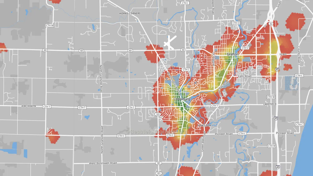 Walk Grade map of 53012, WI, walkable areas in green and car-dependent areas in red