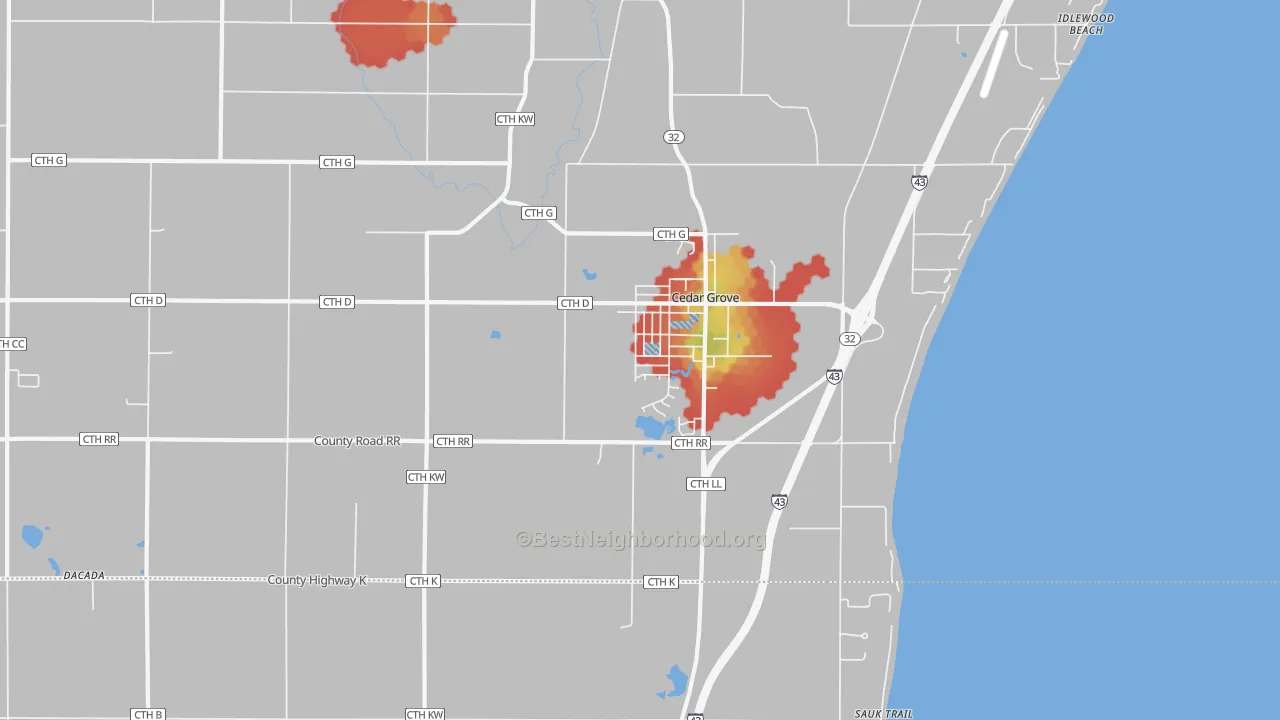 Walk Grade map of 53013, WI, walkable areas in green and car-dependent areas in red