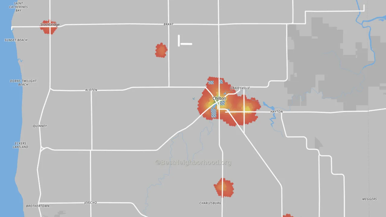 Walk Grade map of 53014, WI, walkable areas in green and car-dependent areas in red