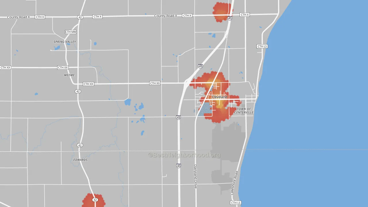 Walk Grade map of 53015, WI, walkable areas in green and car-dependent areas in red