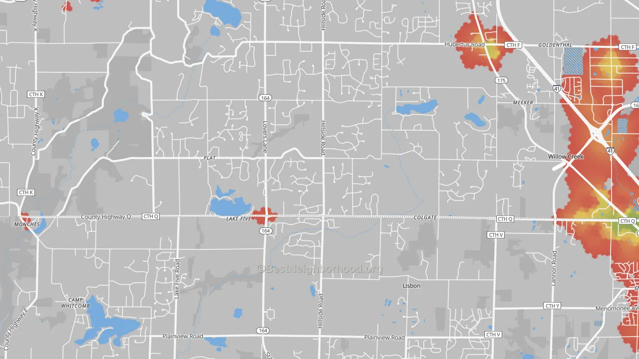 Walk Grade map of 53017, WI, walkable areas in green and car-dependent areas in red