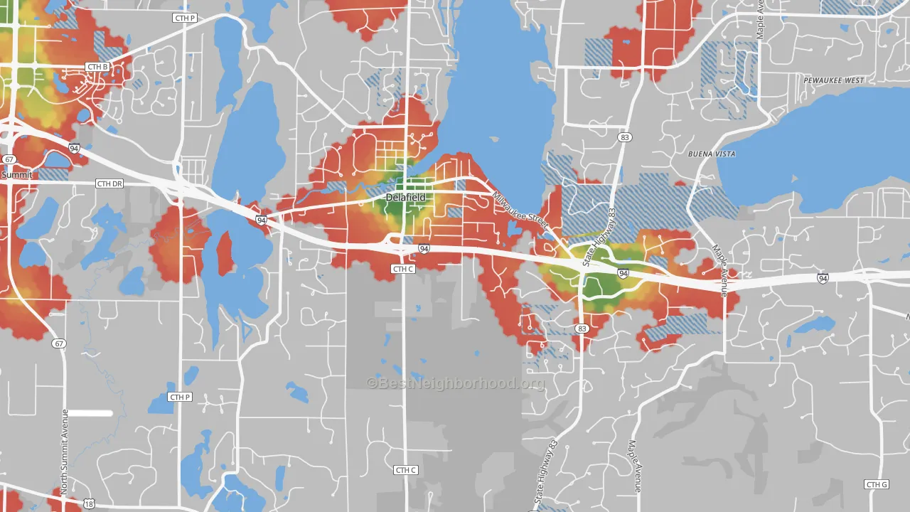 Walk Grade map of 53018, WI, walkable areas in green and car-dependent areas in red
