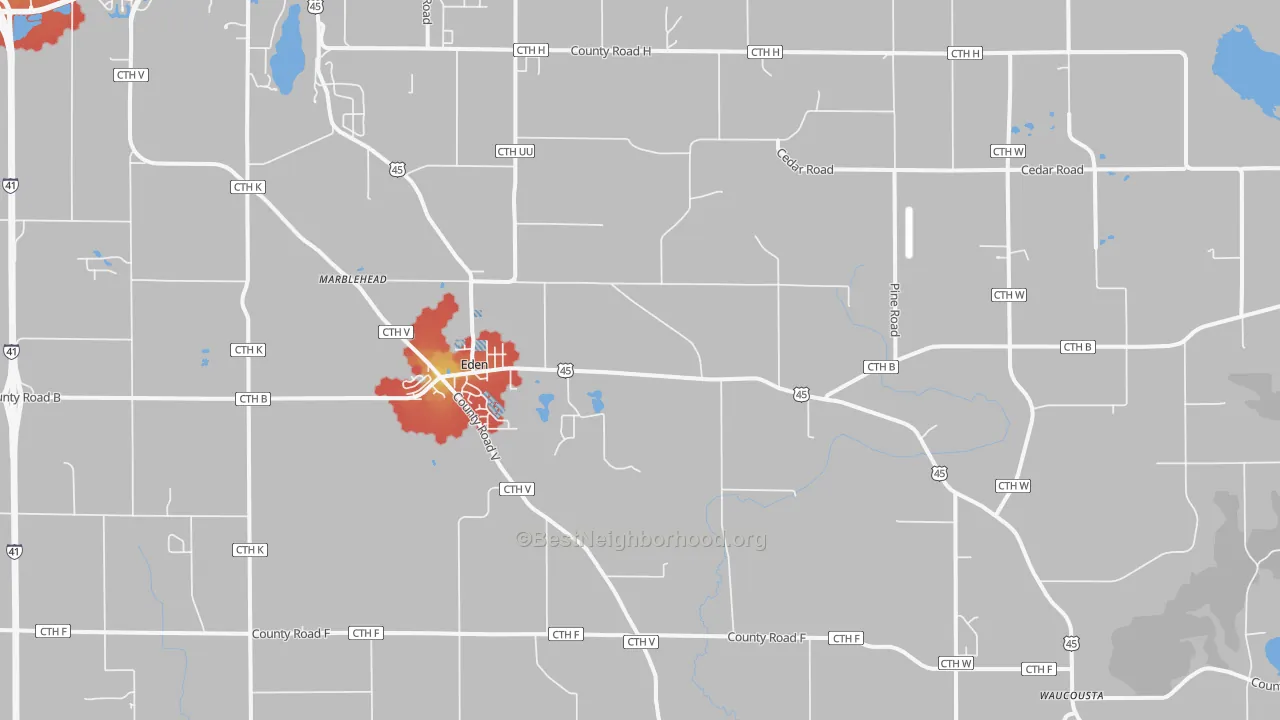 Walk Grade map of 53019, WI, walkable areas in green and car-dependent areas in red