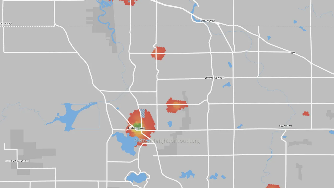 Walk Grade map of 53020, WI, walkable areas in green and car-dependent areas in red