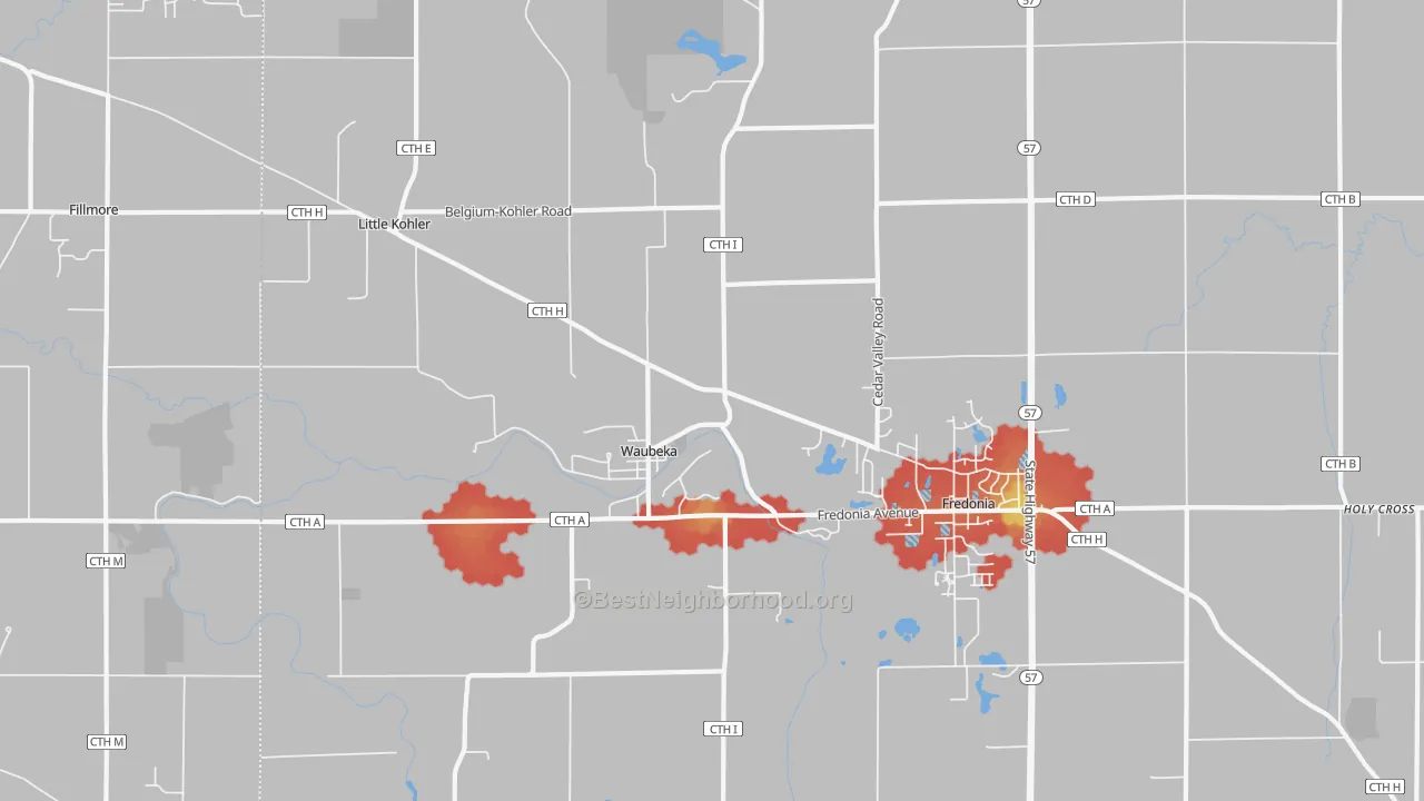 Walk Grade map of 53021, WI, walkable areas in green and car-dependent areas in red