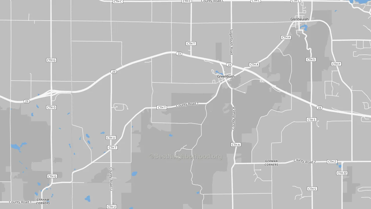 Walk Grade map of 53023, WI, walkable areas in green and car-dependent areas in red