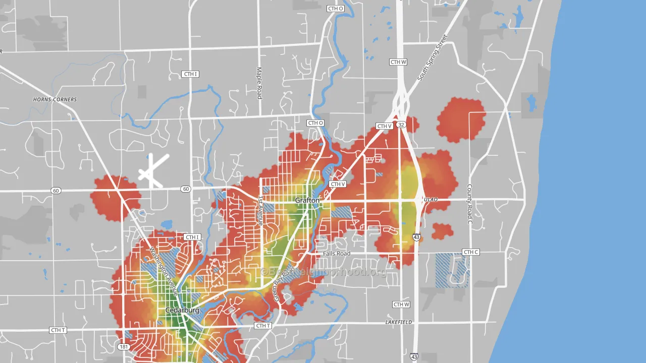 Walk Grade map of 53024, WI, walkable areas in green and car-dependent areas in red