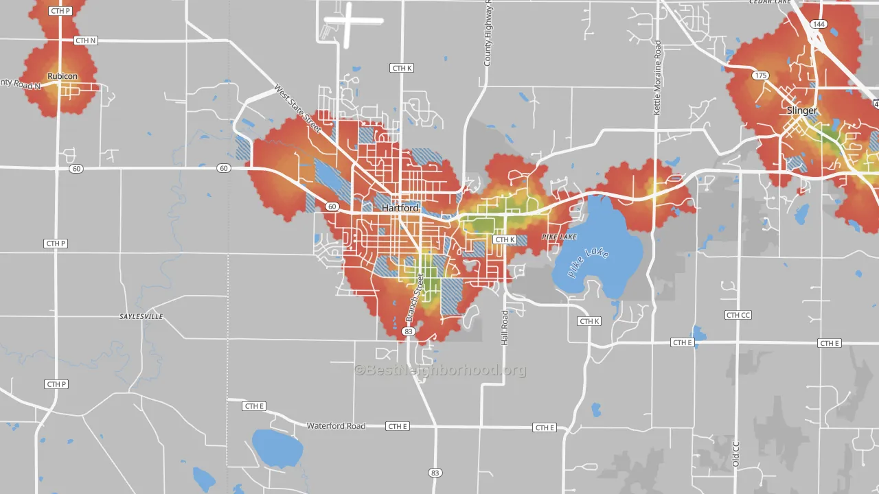 Walk Grade map of 53027, WI, walkable areas in green and car-dependent areas in red