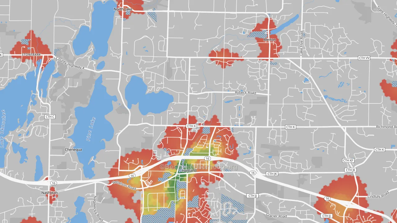 Walk Grade map of 53029, WI, walkable areas in green and car-dependent areas in red