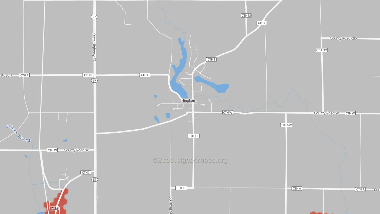 Walk Grade map of 53031, WI, walkable areas in green and car-dependent areas in red