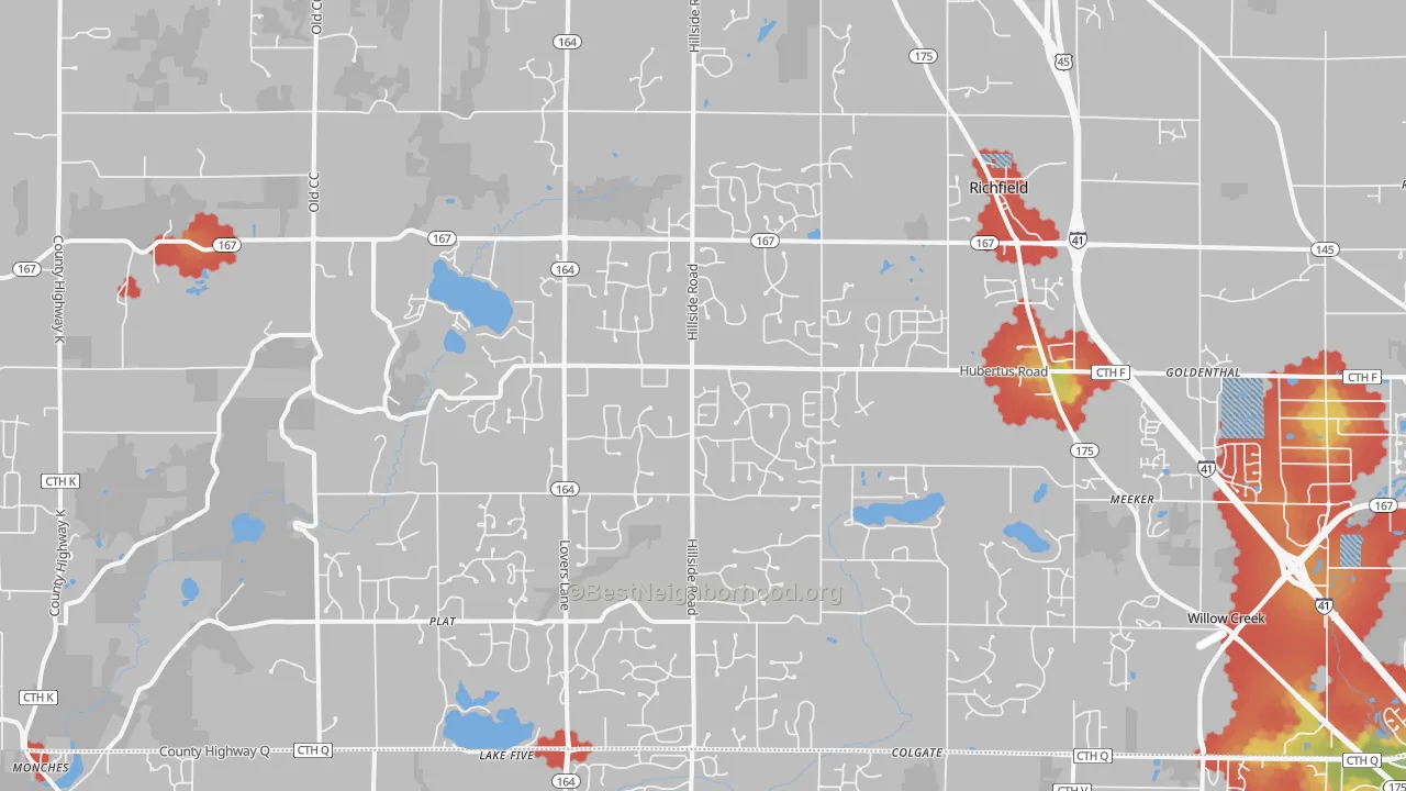 Walk Grade map of 53033, WI, walkable areas in green and car-dependent areas in red