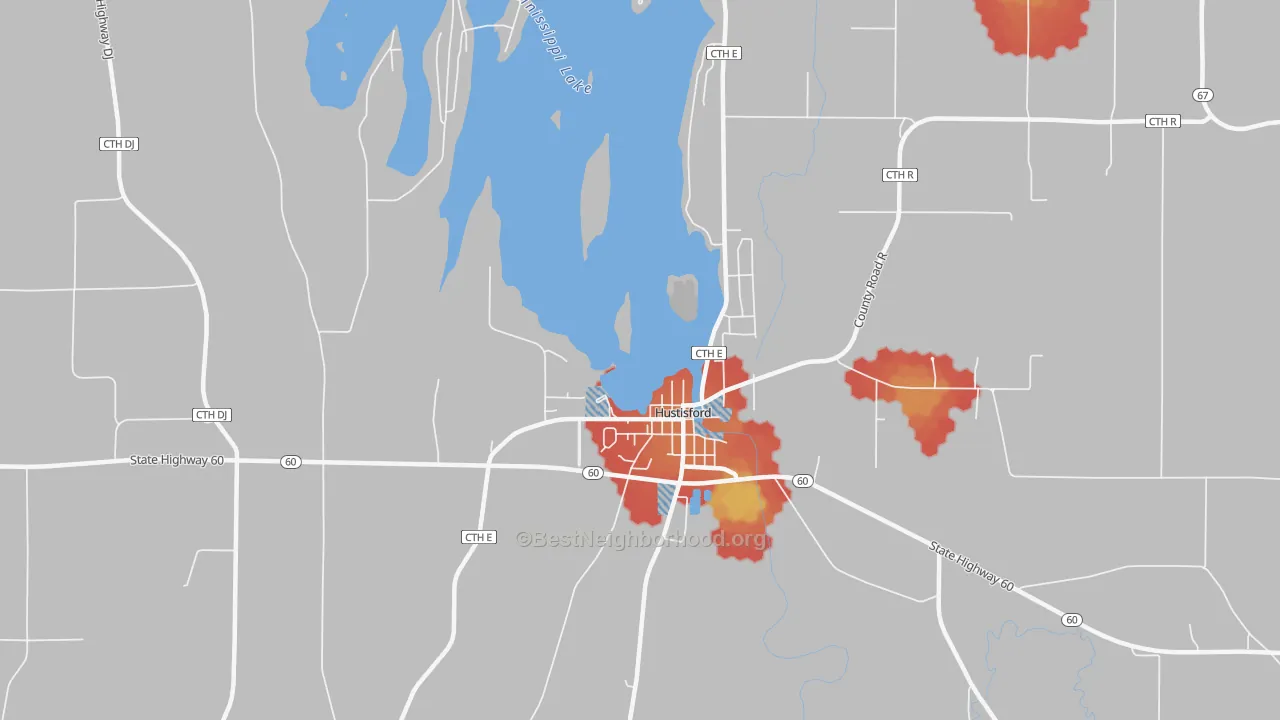 Walk Grade map of 53034, WI, walkable areas in green and car-dependent areas in red