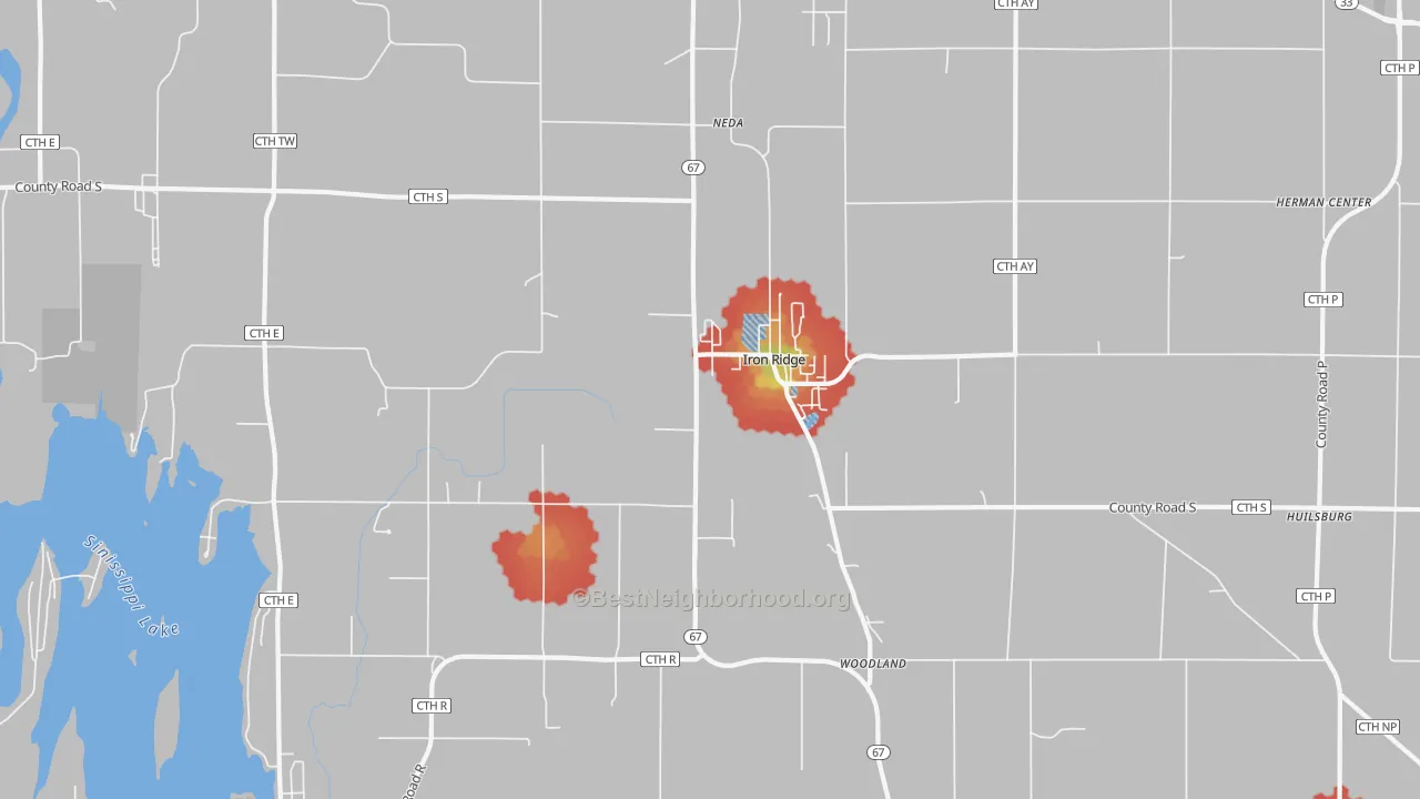 Walk Grade map of 53035, WI, walkable areas in green and car-dependent areas in red