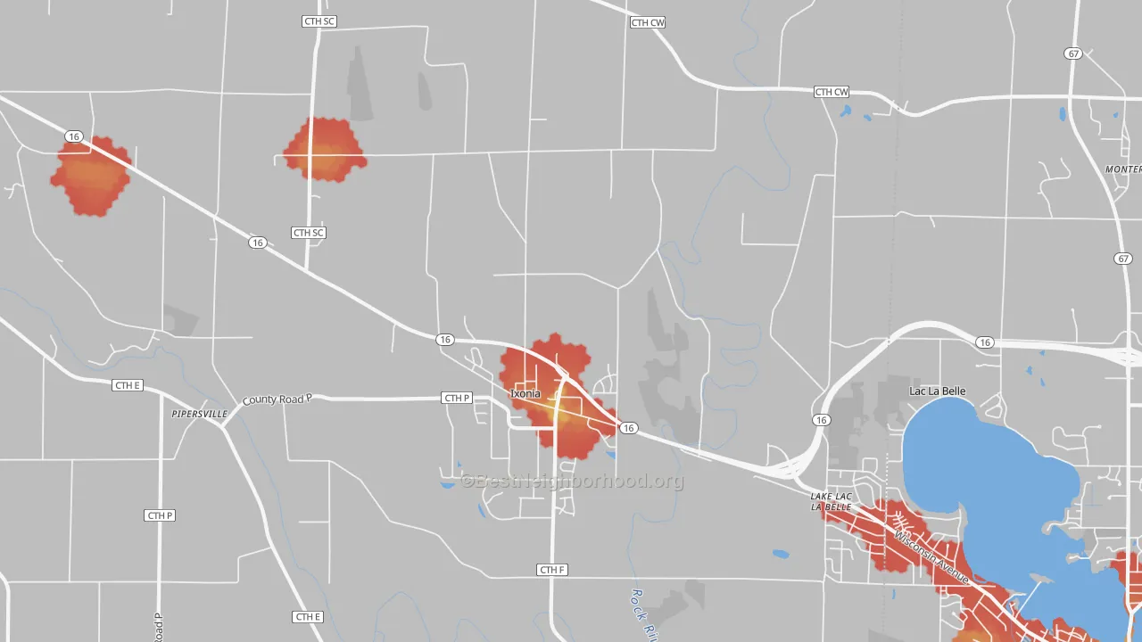 Walk Grade map of 53036, WI, walkable areas in green and car-dependent areas in red
