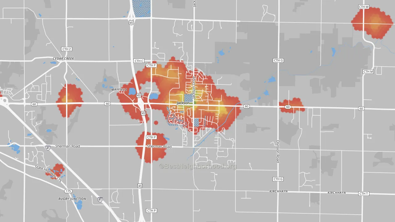 Walk Grade map of 53037, WI, walkable areas in green and car-dependent areas in red