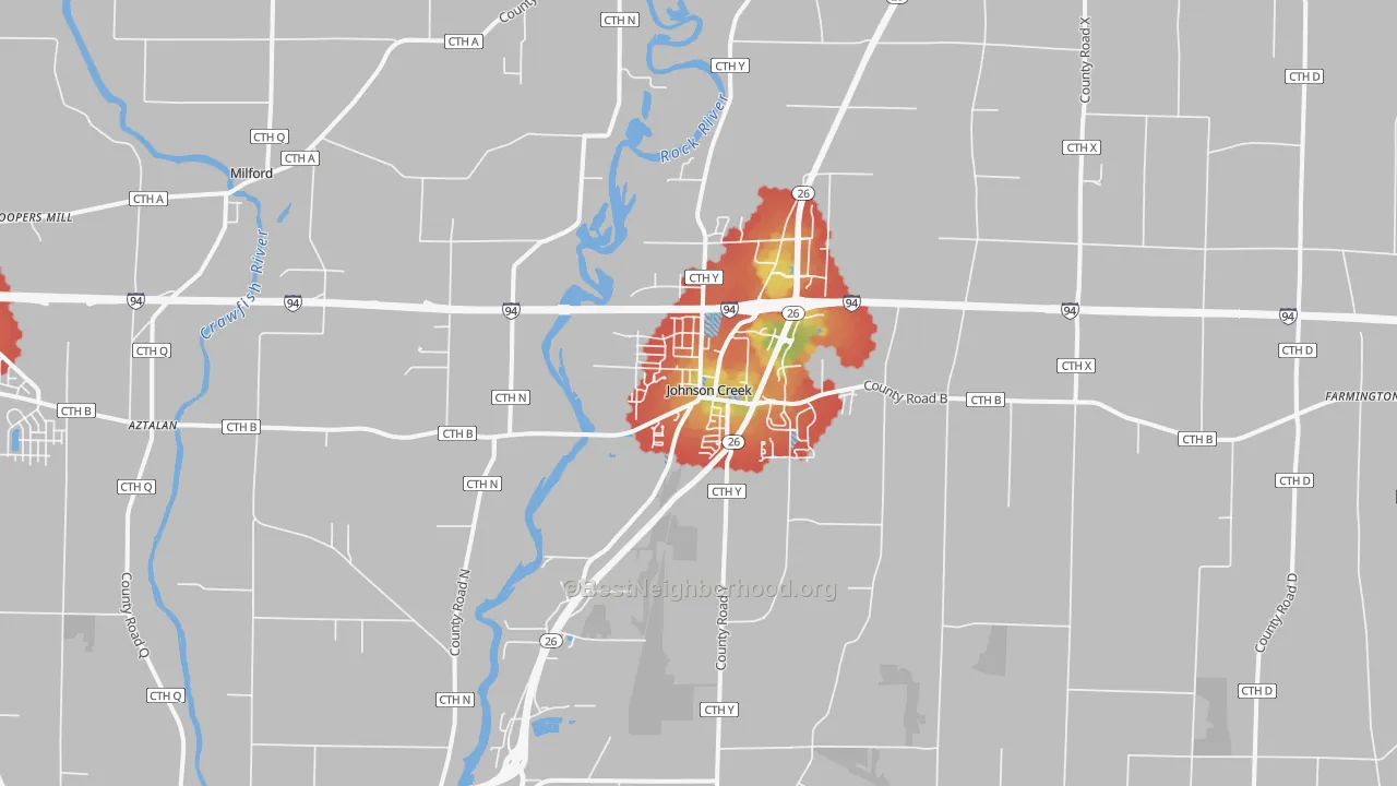 Walk Grade map of 53038, WI, walkable areas in green and car-dependent areas in red