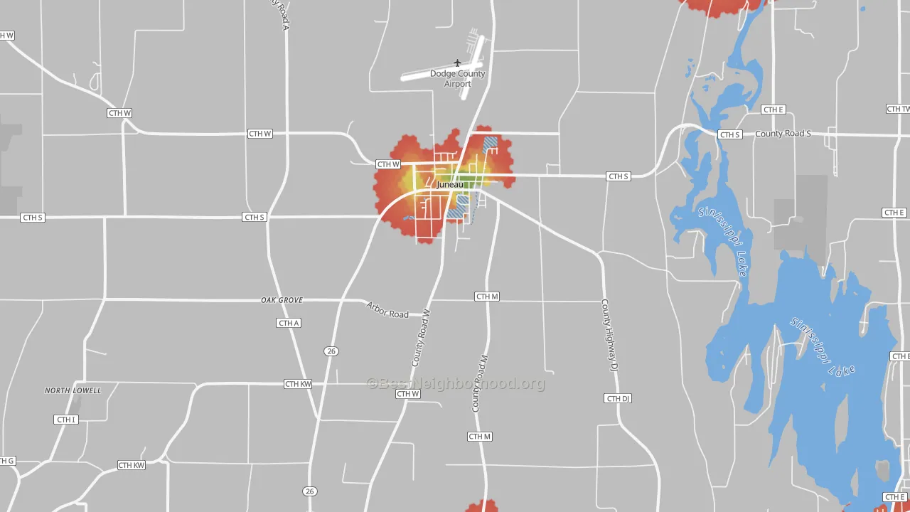Walk Grade map of 53039, WI, walkable areas in green and car-dependent areas in red