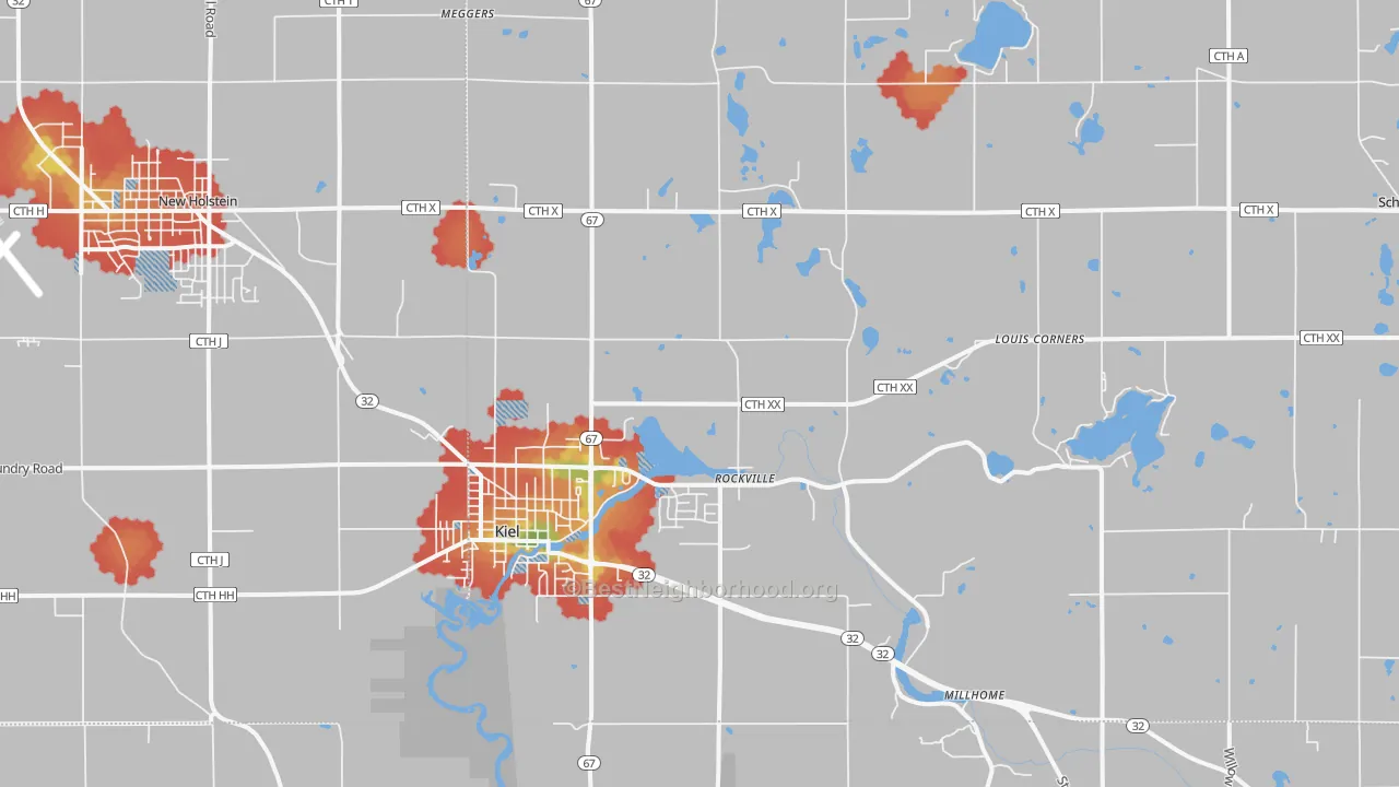 Walk Grade map of 53042, WI, walkable areas in green and car-dependent areas in red