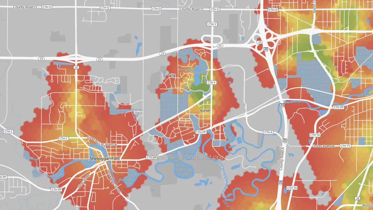 Walk Grade map of 53044, WI, walkable areas in green and car-dependent areas in red