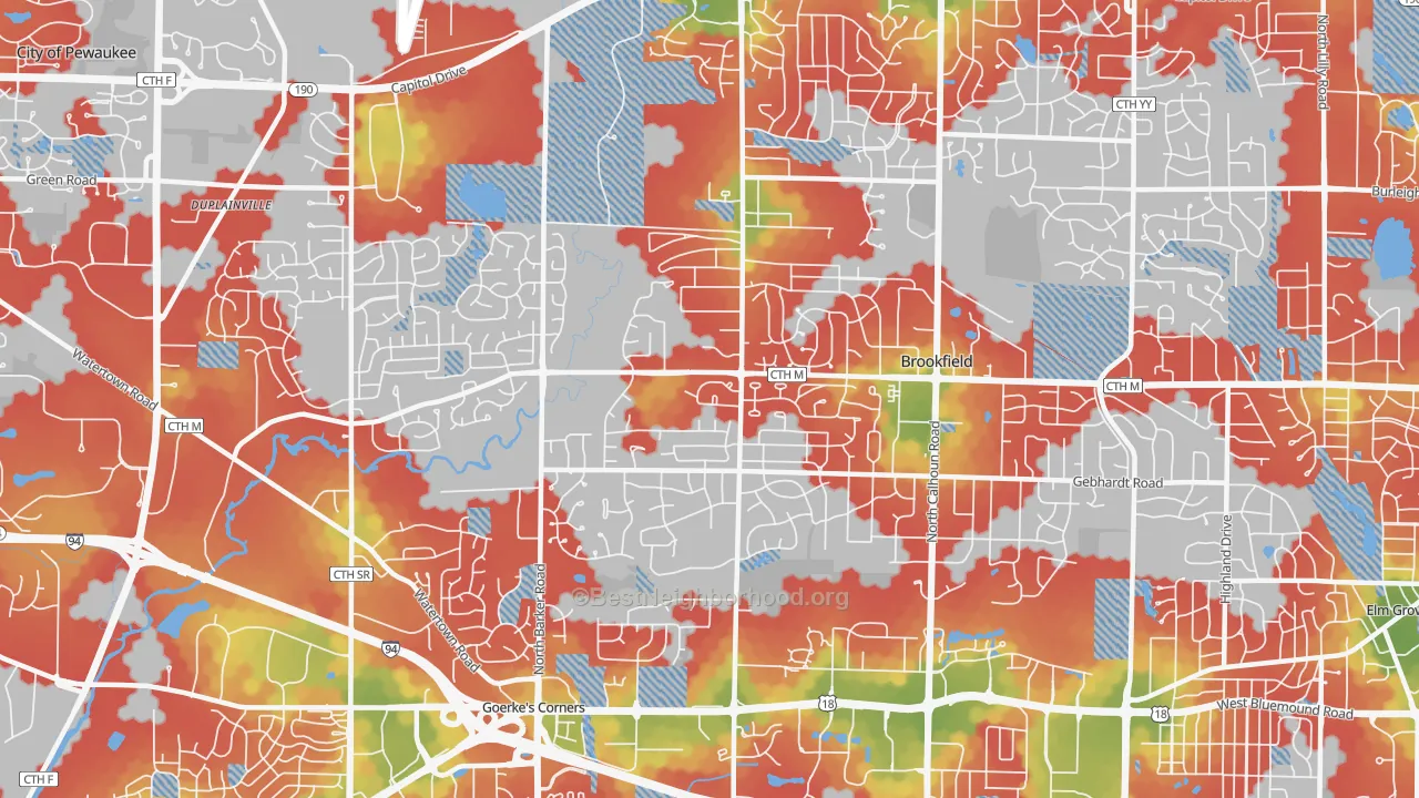 Walk Grade map of 53045, WI, walkable areas in green and car-dependent areas in red