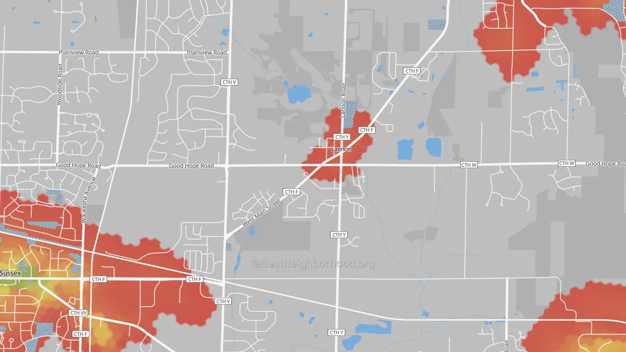 Walk Grade map of 53046, WI, walkable areas in green and car-dependent areas in red