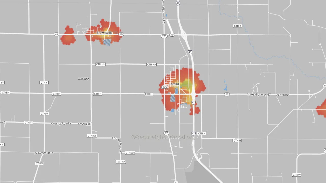 Walk Grade map of 53048, WI, walkable areas in green and car-dependent areas in red