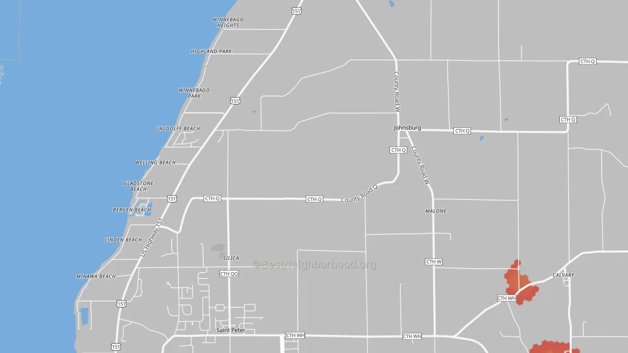 Walk Grade map of 53049, WI, walkable areas in green and car-dependent areas in red