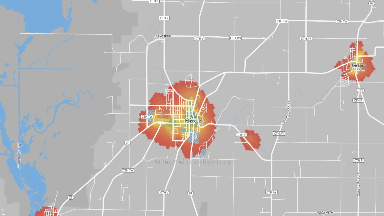 Walk Grade map of 53050, WI, walkable areas in green and car-dependent areas in red