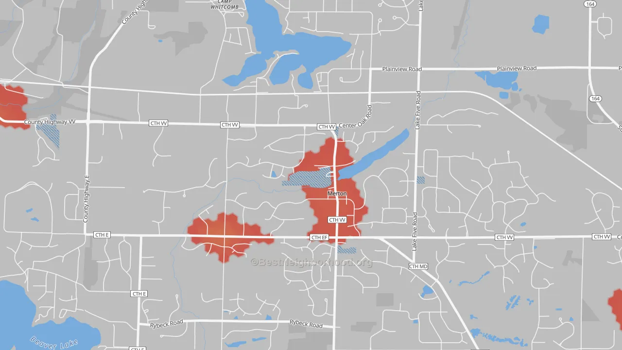 Walk Grade map of 53056, WI, walkable areas in green and car-dependent areas in red