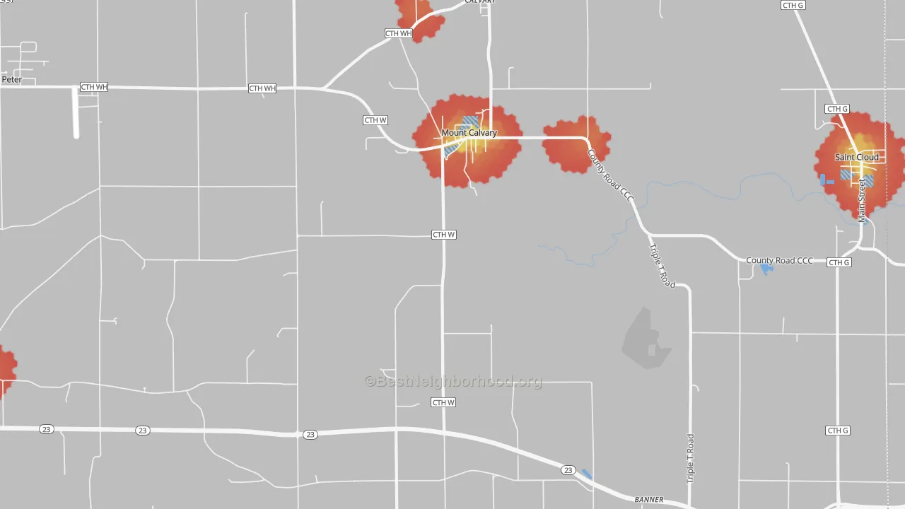 Walk Grade map of 53057, WI, walkable areas in green and car-dependent areas in red
