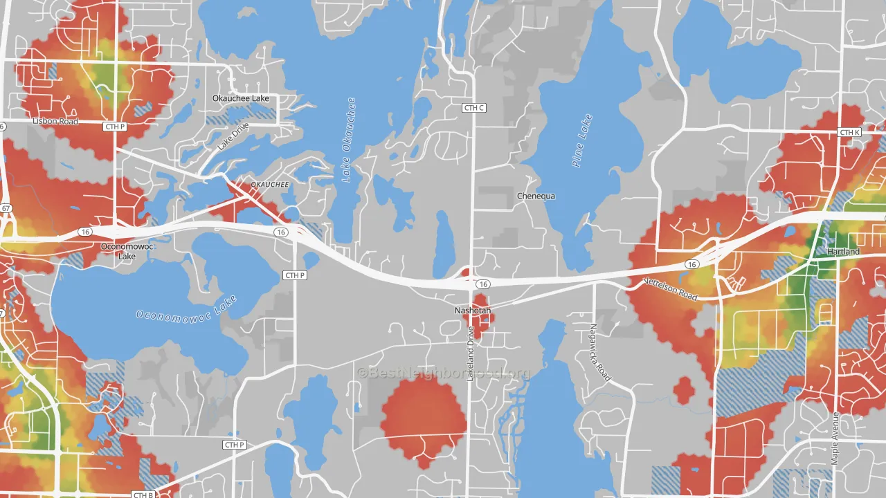 Walk Grade map of 53058, WI, walkable areas in green and car-dependent areas in red
