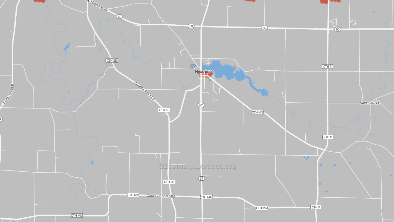 Walk Grade map of 53059, WI, walkable areas in green and car-dependent areas in red