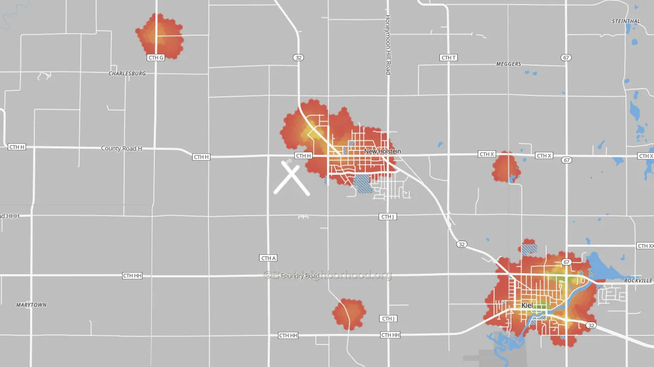 Walk Grade map of 53061, WI, walkable areas in green and car-dependent areas in red
