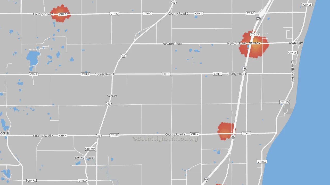 Walk Grade map of 53063, WI, walkable areas in green and car-dependent areas in red