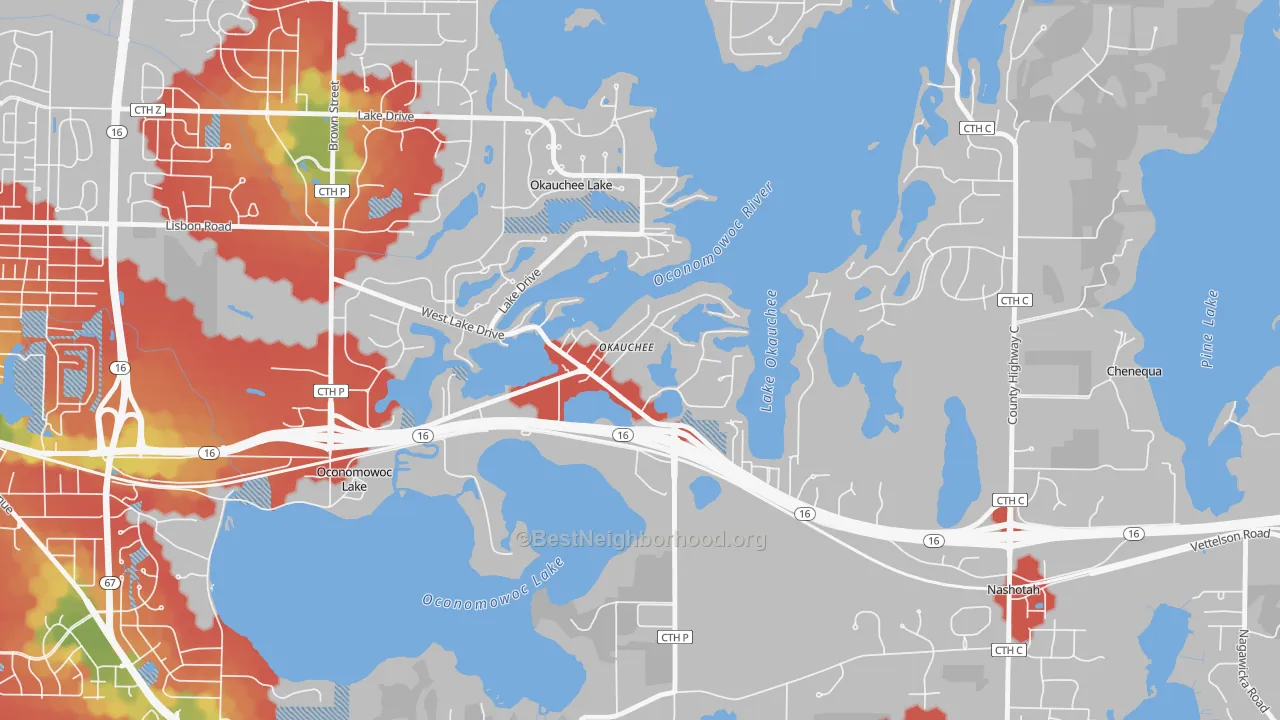 Walk Grade map of 53069, WI, walkable areas in green and car-dependent areas in red