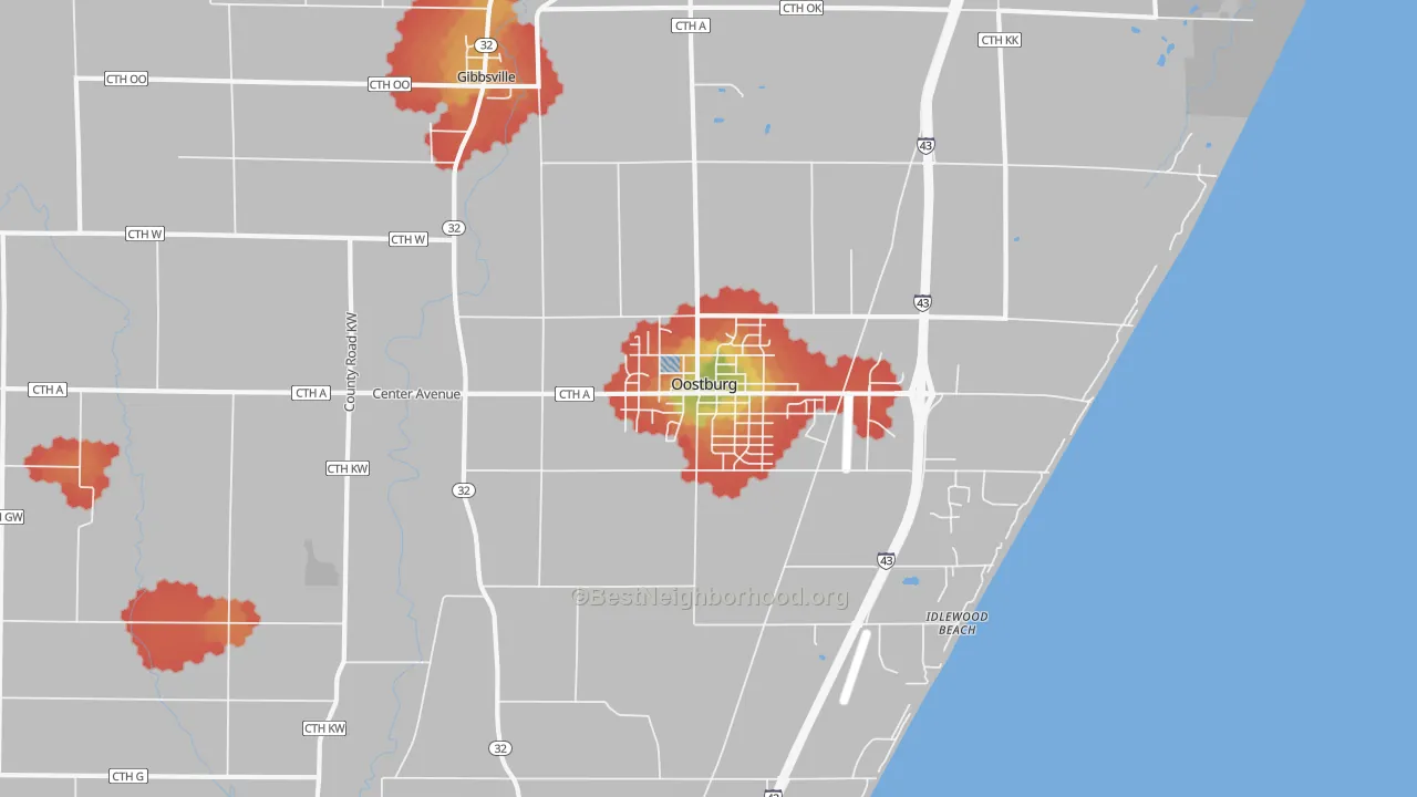 Walk Grade map of 53070, WI, walkable areas in green and car-dependent areas in red