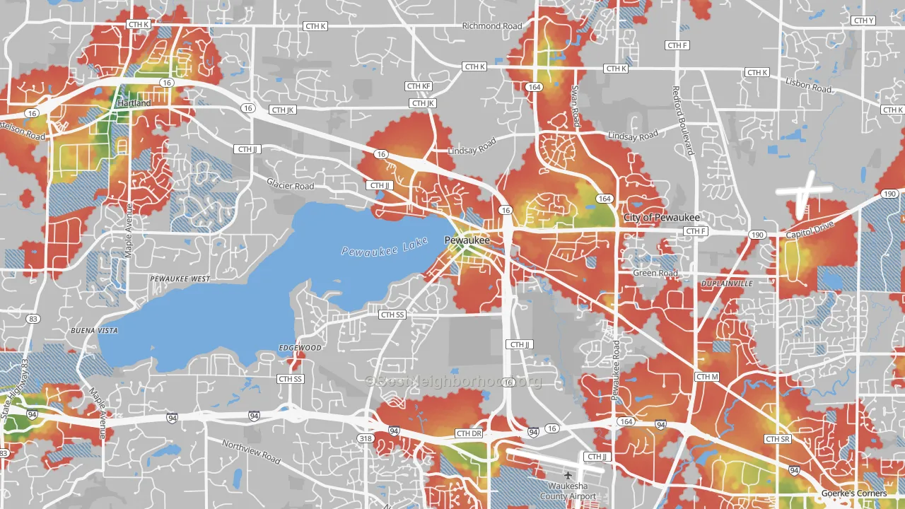 Walk Grade map of 53072, WI, walkable areas in green and car-dependent areas in red