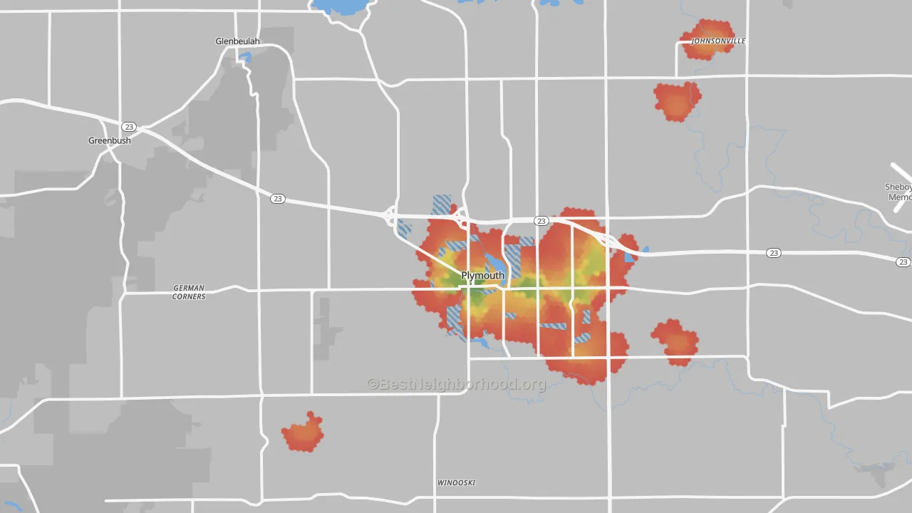 Walk Grade map of 53073, WI, walkable areas in green and car-dependent areas in red