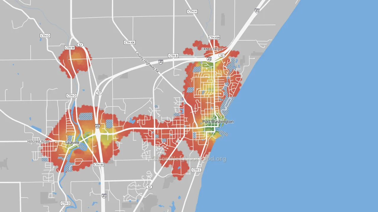 Walk Grade map of 53074, WI, walkable areas in green and car-dependent areas in red