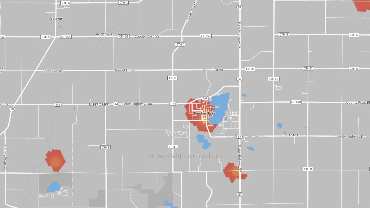 Walk Grade map of 53075, WI, walkable areas in green and car-dependent areas in red