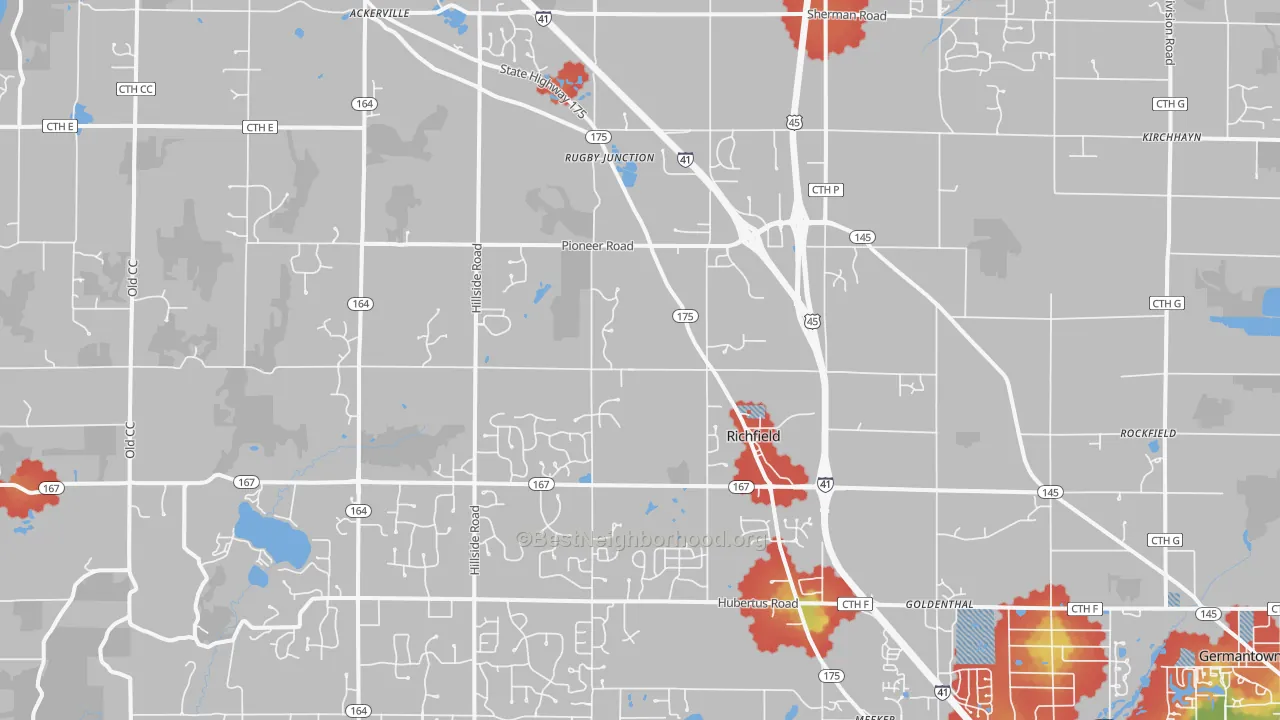 Walk Grade map of 53076, WI, walkable areas in green and car-dependent areas in red