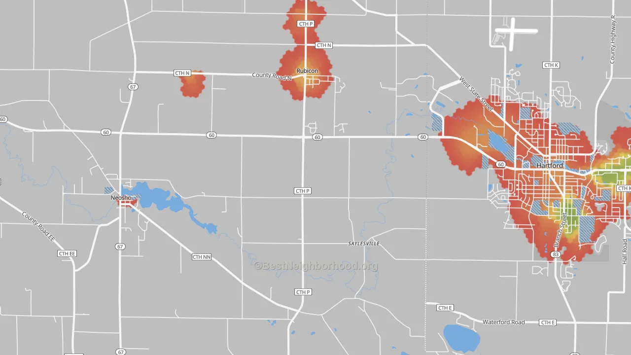 Walk Grade map of 53078, WI, walkable areas in green and car-dependent areas in red