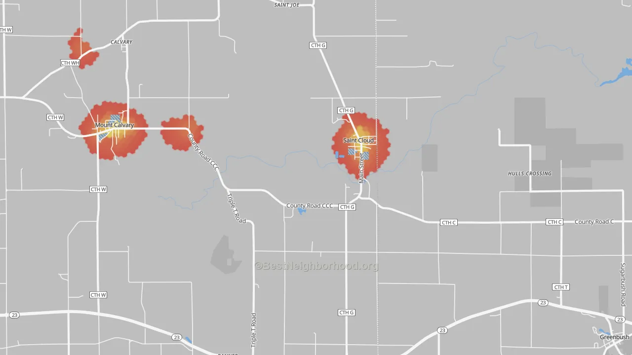 Walk Grade map of 53079, WI, walkable areas in green and car-dependent areas in red