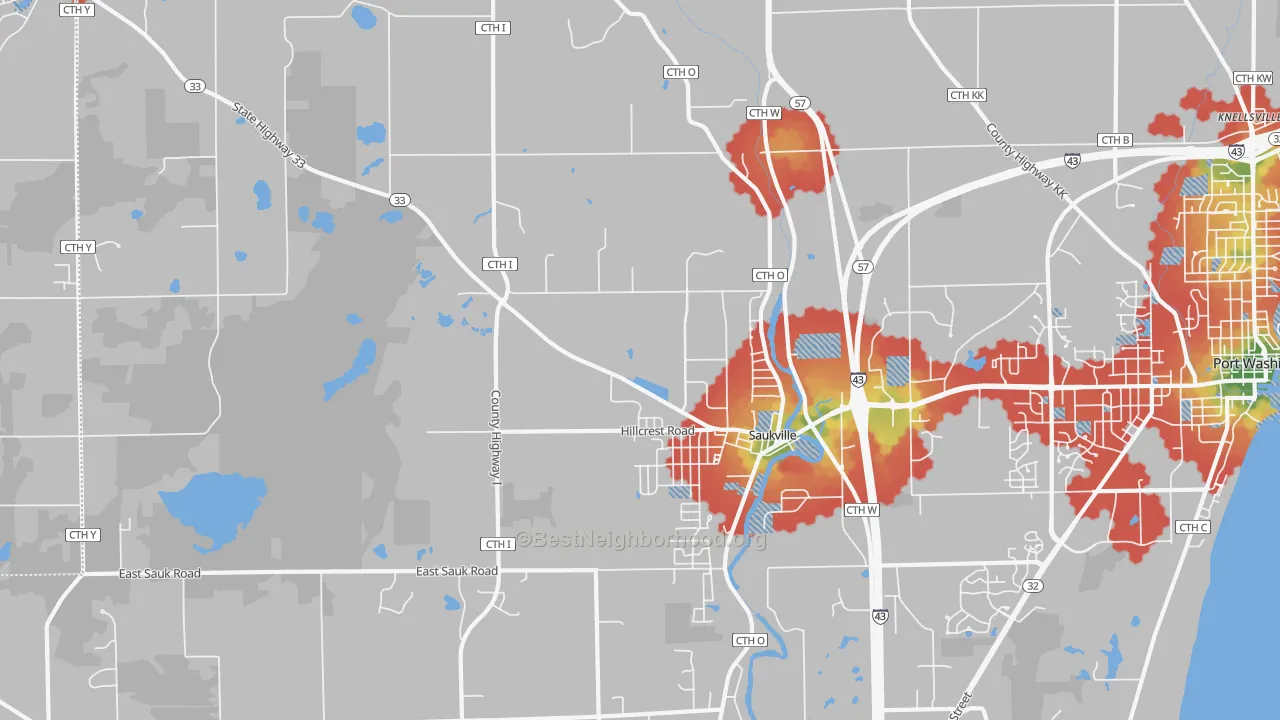 Walk Grade map of 53080, WI, walkable areas in green and car-dependent areas in red