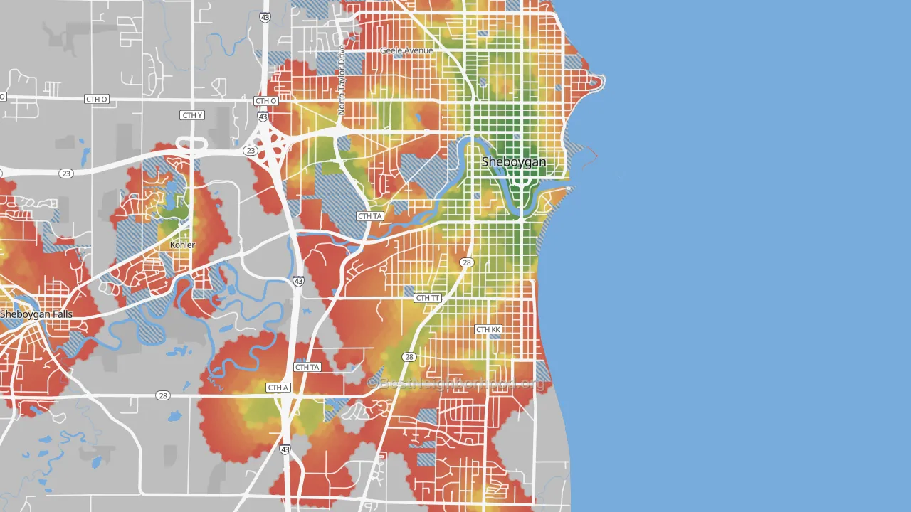 Walk Grade map of 53081, WI, walkable areas in green and car-dependent areas in red