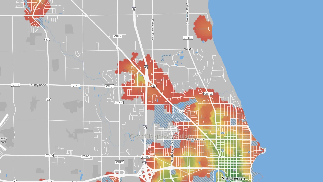 Walk Grade map of 53083, WI, walkable areas in green and car-dependent areas in red