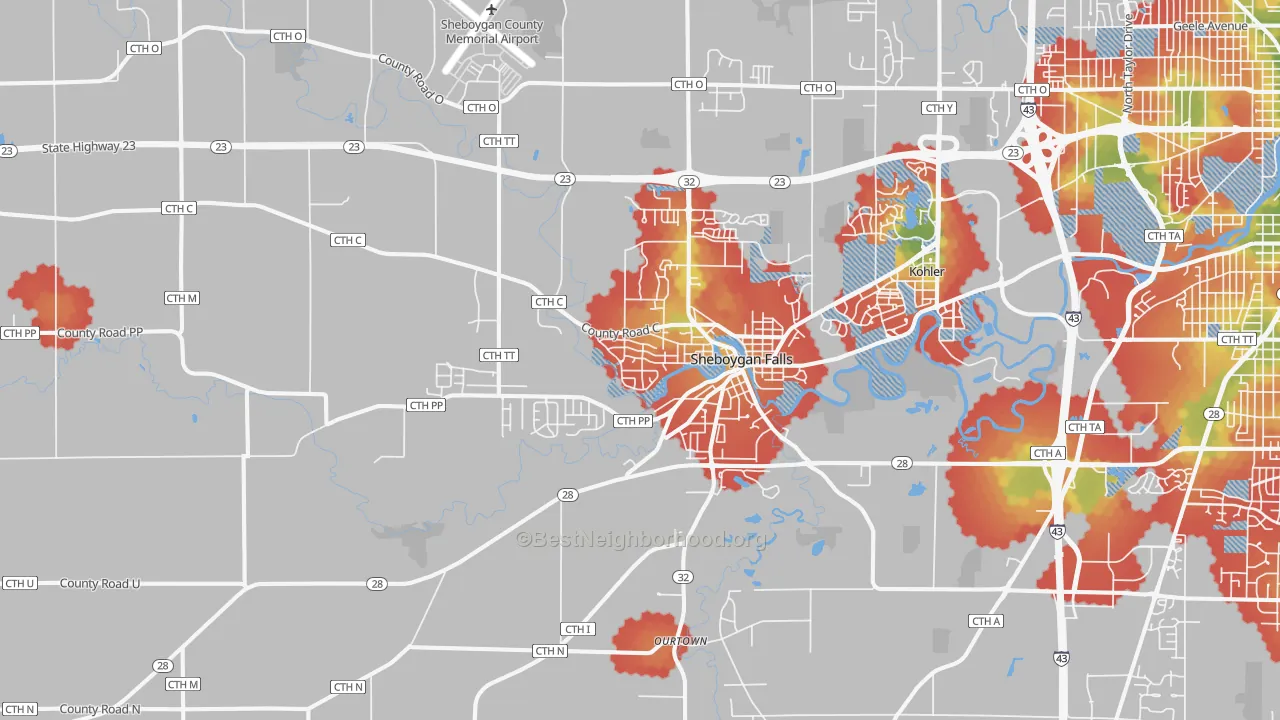 Walk Grade map of 53085, WI, walkable areas in green and car-dependent areas in red